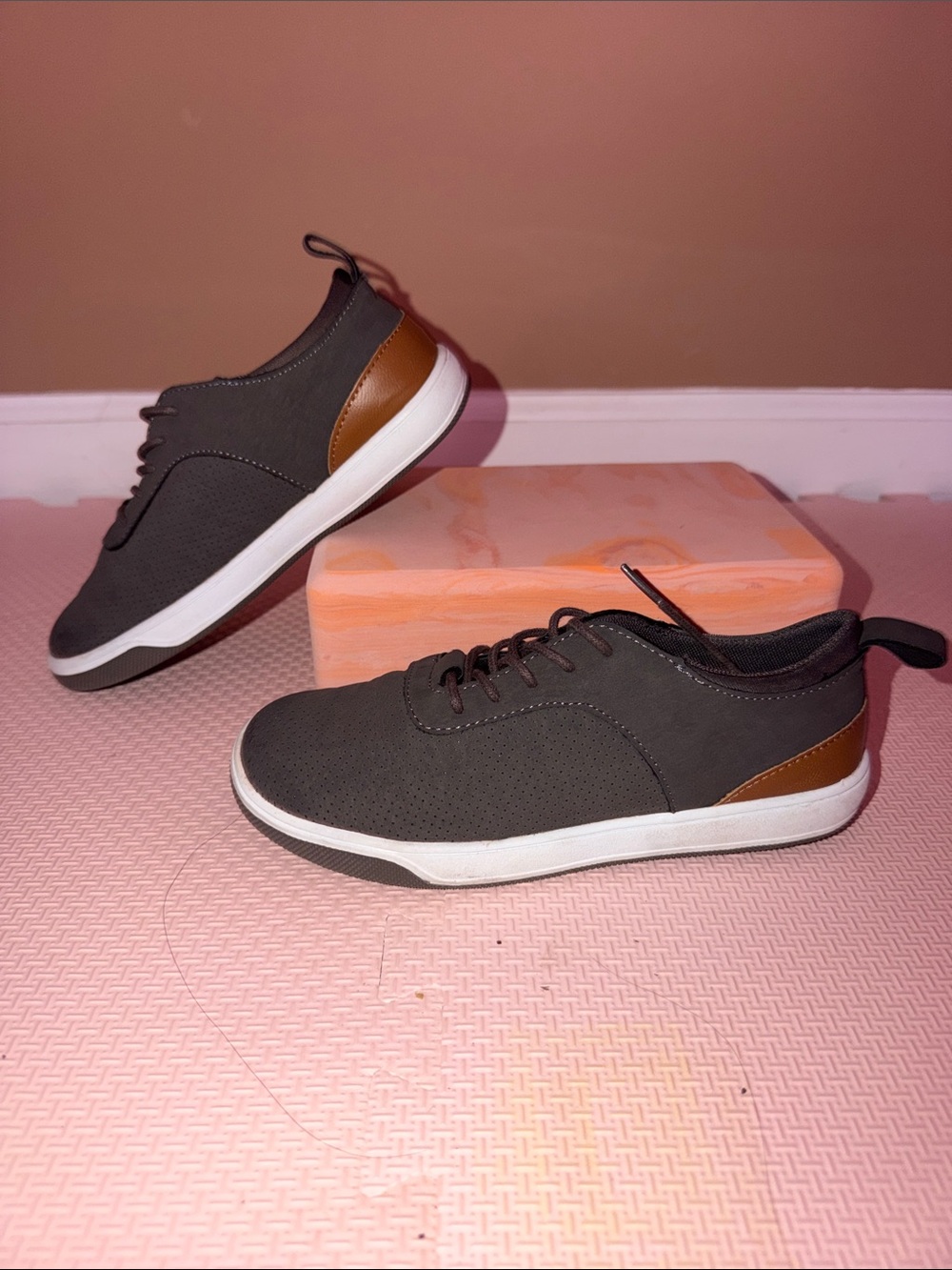Kids Casual Gray Lace-Up Sneakers with Brown Accent (Size: 3 Youth)